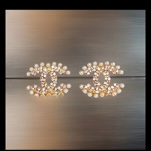 Gold and Pearl elegant Embellished faux famous brand logo Earrings